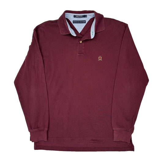 Tommy Hilfiger Long Sleeve Polo Shirt - Medium Burgundy Cotton