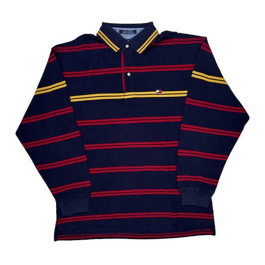 Tommy Hilfiger Striped Long Sleeve Polo Shirt - Large Navy Cotton