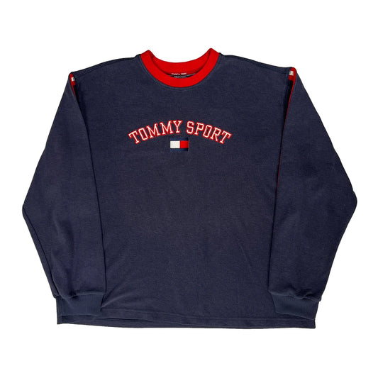Vintage Tommy Jeans Spellout Sweatshirt - XL Blue Polyester Blend
