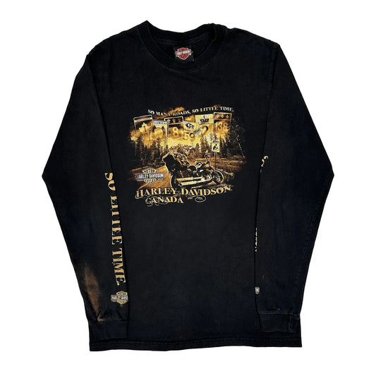 Alberta Canada Harley Davidson Graphic Long Sleeve T-Shirt - Small Black Cotton