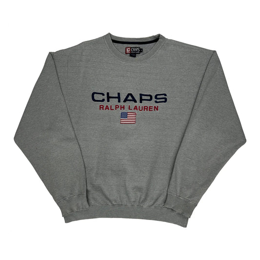 Vintage American Flag Chaps Ralph Lauren Spellout Sweatshirt - XL Grey Cotton Blend