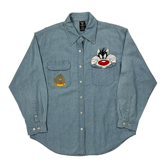 Sylvester The Cat And Tweety Bird Embroidery Warner Bros Cartoon Denim Shirt - Large Blue Cotton