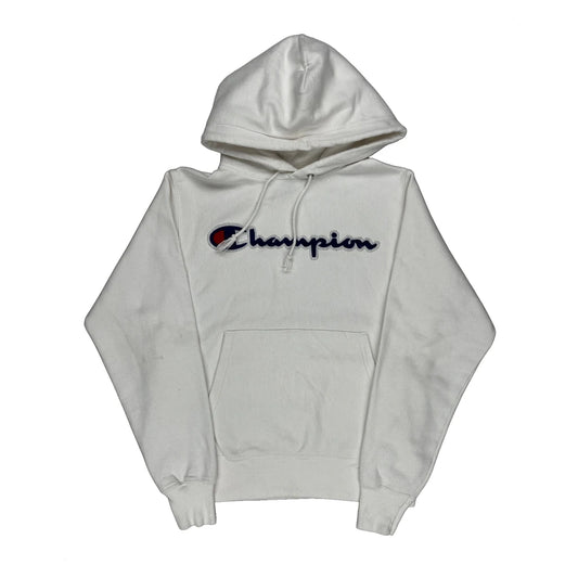 Reverse Weave Champion Spellout Hoodie - Small White Cotton