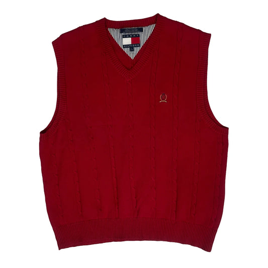 Tommy Hilfiger V-Neck Sweater Vest - Large Red Cotton