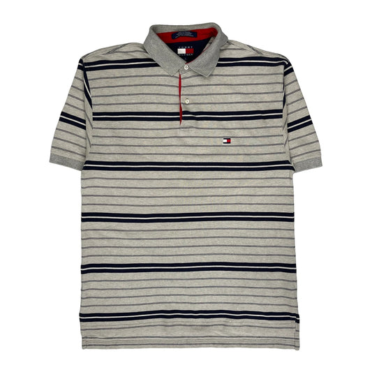 Tommy Hilfiger Striped Polo Shirt - Large Grey Cotton