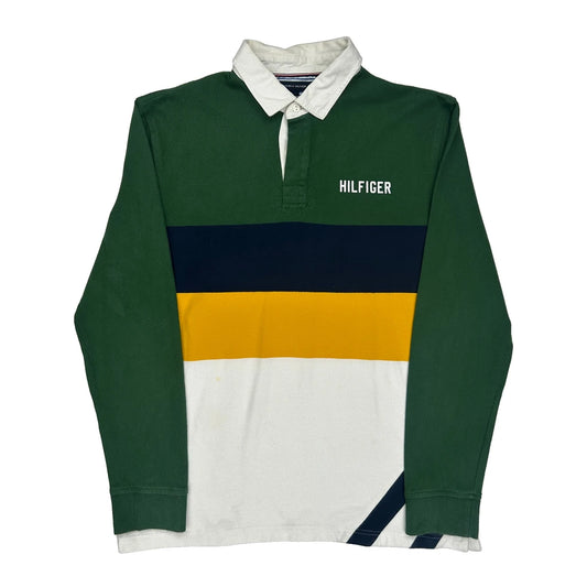 Vintage Tommy Hilfiger Striped Rugby Shirt - Large Green Cotton
