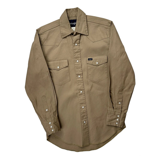 Wrangler Pearl Snap Denim Shirt - Small Beige Cotton