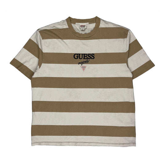 90S Guess Striped T-Shirt - Large Beige Cotton