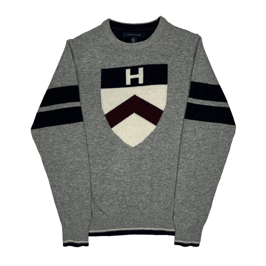 Vintage Shield Logo Tommy Hilfiger Jumper - Small Grey Wool