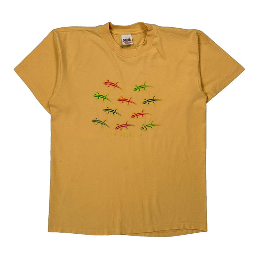 Lizard Embroidery Anvil Graphic T-Shirt - Large Yellow Cotton