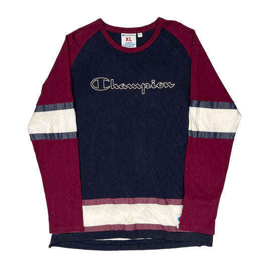 Champion Striped Long Sleeve T-Shirt - XL Navy Cotton