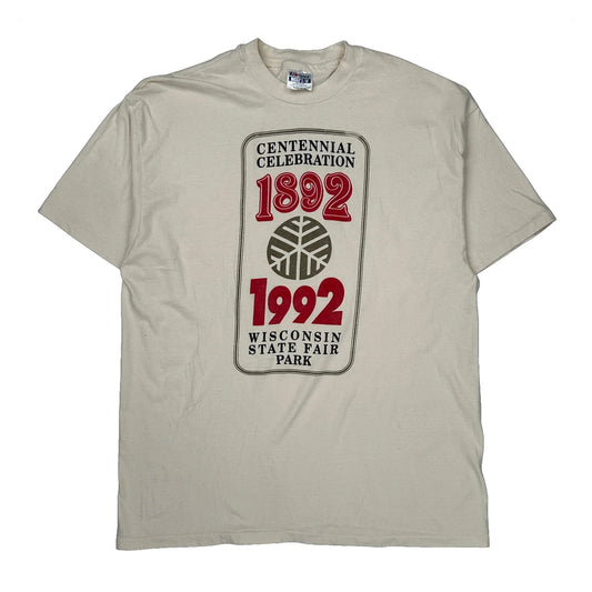 1992 Wisconsin State Fair Hanes Single Stitch T-Shirt - XL Cream Cotton
