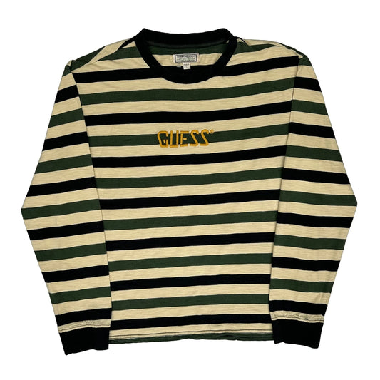 Vintage Guess Striped Long Sleeve T-Shirt - Large Cream Cotton
