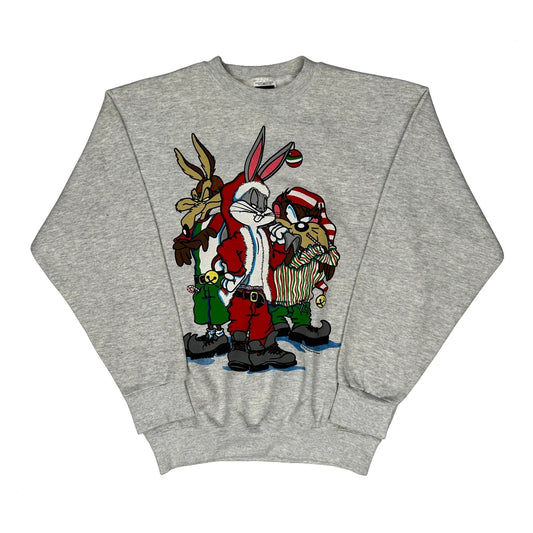 Vintage 90S Christmas Looney Tunes Tultex Cartoon Sweatshirt - Large Grey Cotton Blend
