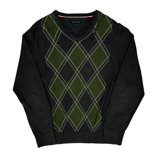 Tommy Hilfiger Argyle Jumper - Large Grey Cotton