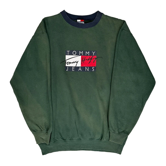 Tommy Hilfiger Spellout Sweatshirt - XL Green Cotton Blend