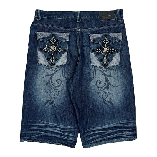 Raw Blue Baggy Graphic Denim Shorts - 38W 12L Blue Denim