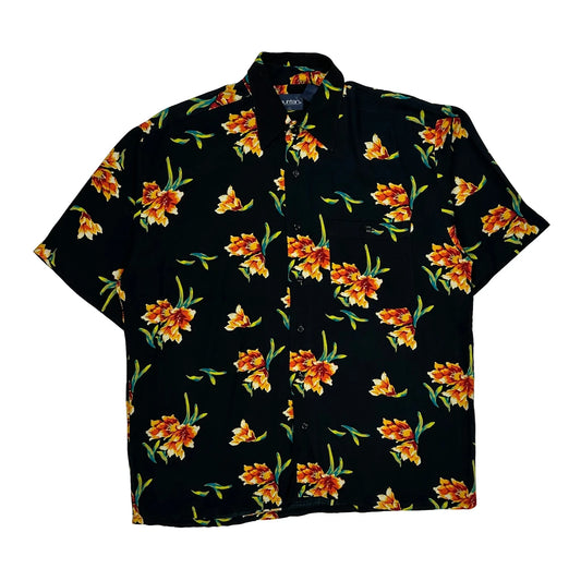 Puritan Floral Hawaiian Shirt - Large Black Cotton