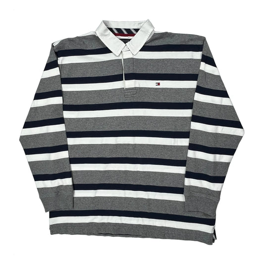 H Logo On Back Tommy Hilfiger Striped Rugby Shirt - 2XL Grey Cotton