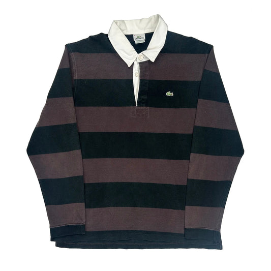 Vintage Lacoste Striped Rugby Shirt - XL Black Cotton