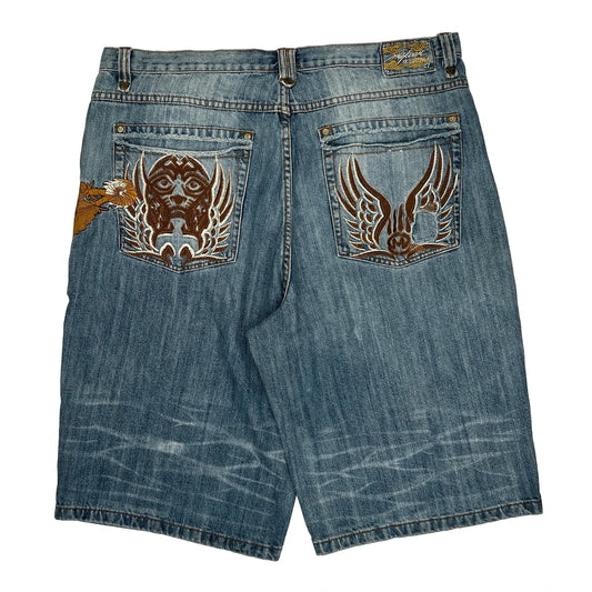 Embroidered Miskeen Baggy Denim Shorts - 40W 11L Blue Denim