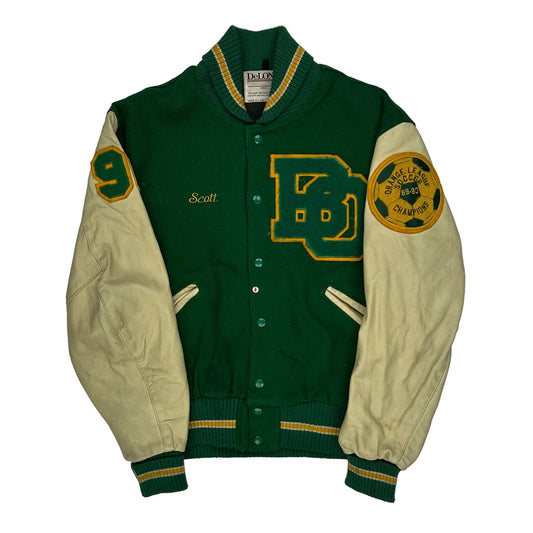Vintage Orange League Soccer Champions 89-90 Delong College Varsity Jacket - Large Green Wool