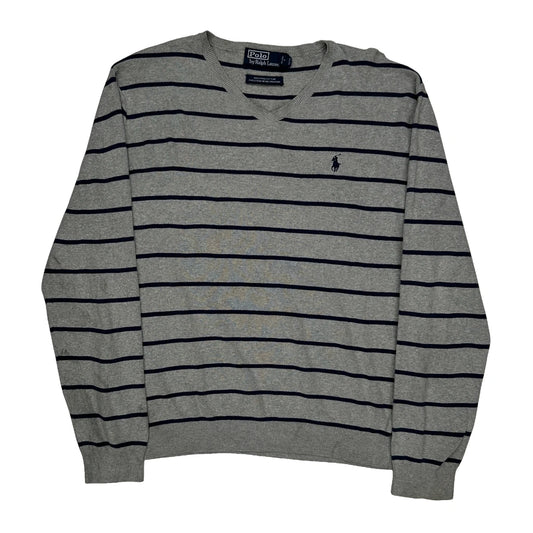 Vintage Polo By Ralph Lauren Striped Jumper - Medium Grey Cotton