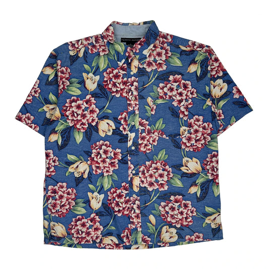 Tommy Hilfiger Floral Hawaiian Shirt - Large Blue Cotton