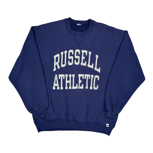 Russell Athletic Spellout Sweatshirt - Large Blue Cotton