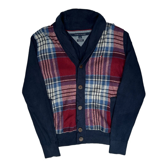 Vintage Tommy Hilfiger Checked Cardigan - Medium Navy Cotton Blend