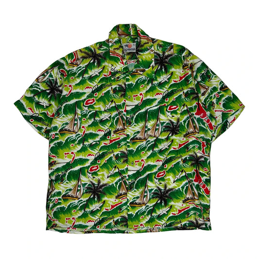 Windswept Graphic Hawaiian Shirt - XL Green Cotton