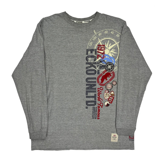 Vintage 1972 Theme Ecko Unltd Graphic Long Sleeve T-Shirt - 2XL Grey Cotton Blend