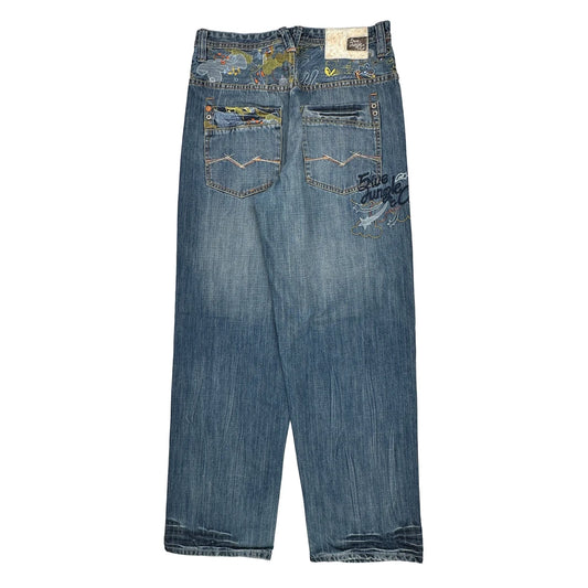 5Ive Jungle Embroidered Baggy Jeans - 32W 30L Blue Cotton