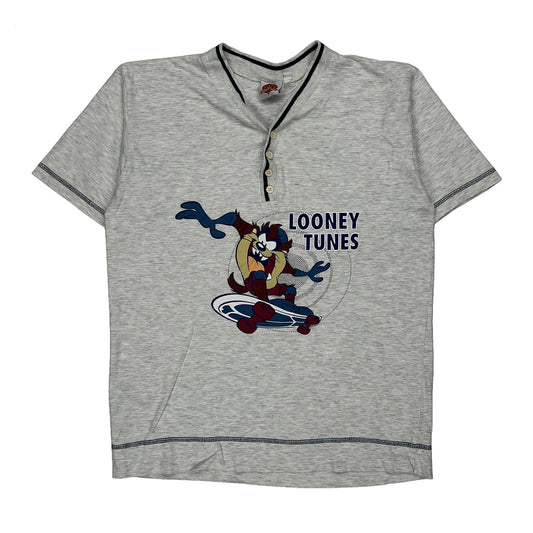 Taz Looney Tunes Cartoon Henley T-Shirt - Medium Grey Cotton