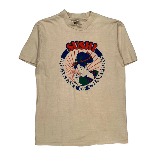 1980S Sushi Design Hanes Graphic T-Shirt - Large Beige Cotton