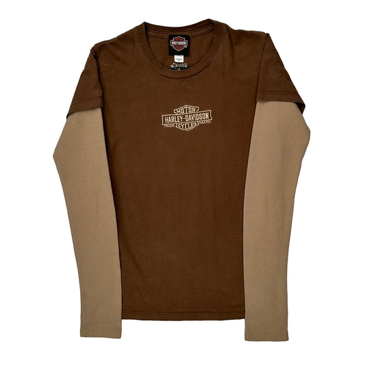 Layered Harley Davidson Graphic Long Sleeve T-Shirt - Small Brown Cotton