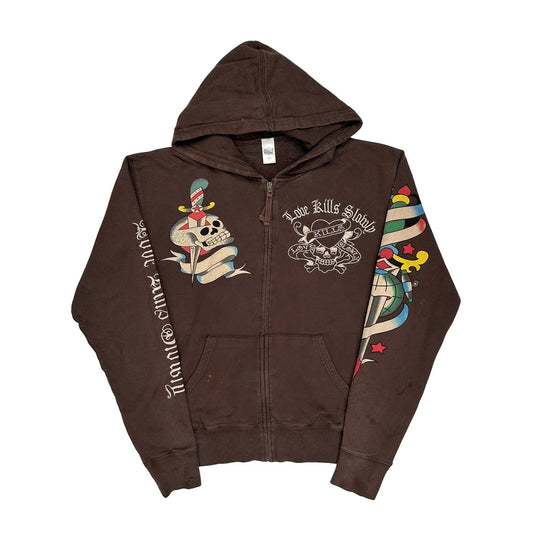 Love Kills Slowly Ed Hardy Graphic Hoodie - Medium Brown Cotton