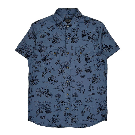 Western Theme Pendleton Short Sleeve Shirt - Small Blue Cotton