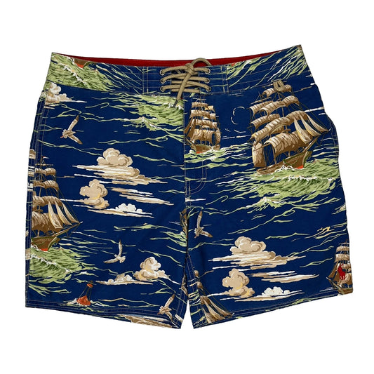 Vintage Sailing Ships Print Polo By Ralph Lauren Graphic Shorts - 34W 5L Blue Cotton