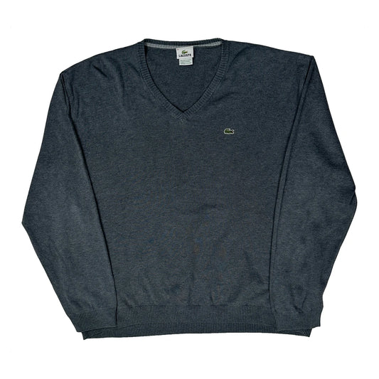 Vintage Lacoste V-Neck Jumper - 3XL Grey Cotton Blend
