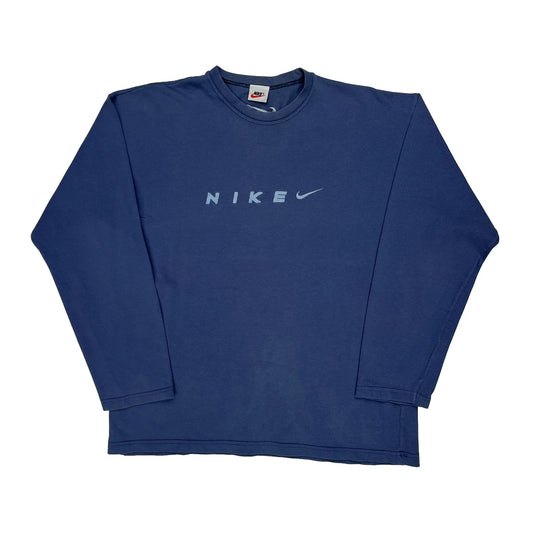 Nike Spellout Long Sleeve T-Shirt - Large Blue Cotton