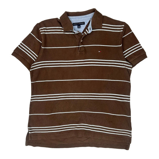 Tommy Hilfiger Striped Polo Shirt - Large Brown Cotton