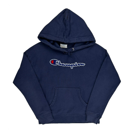 Reverse Weave Champion Spellout Hoodie - Small Blue Cotton