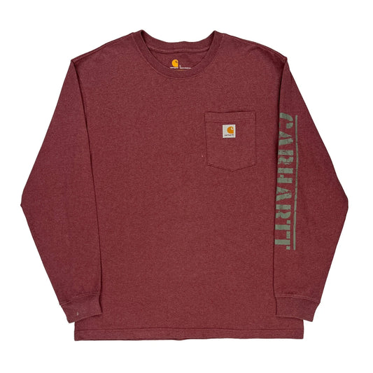 Carhartt Spellout Long Sleeve T-Shirt - Large Burgundy Cotton Blend