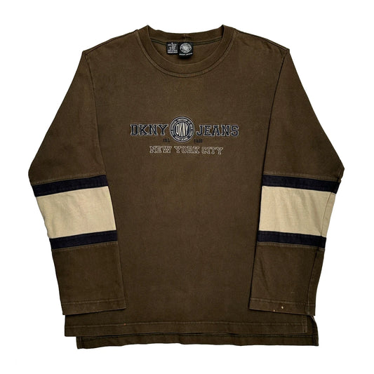 Dkny Striped Long Sleeve T-Shirt - Small Brown Cotton