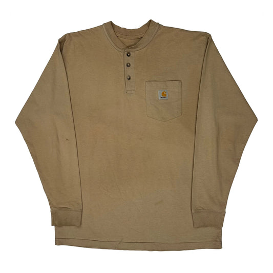 Faded Carhartt Henley Long Sleeve T-Shirt - Large Beige Cotton