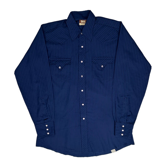 70S Fenton Striped Pearl Snap Shirt - Large Navy Polyester