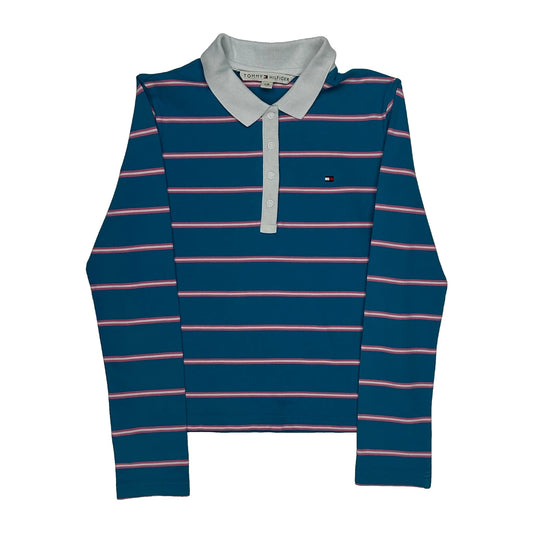 Vintage Tommy Hilfiger Striped Polo Shirt - Large Blue Cotton