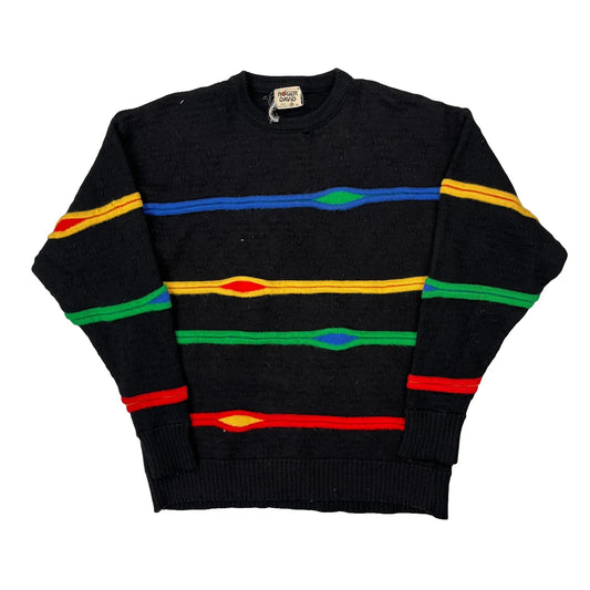 Vintage Pure New Wool Roger David Striped Jumper - XL Black Wool