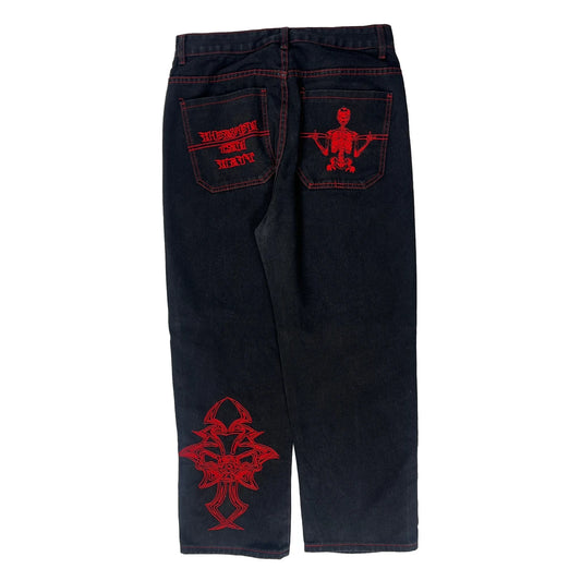 Vintage Skeleton Embroidery Unbranded Contrast Stitch Jeans - 33W 28L Black Denim